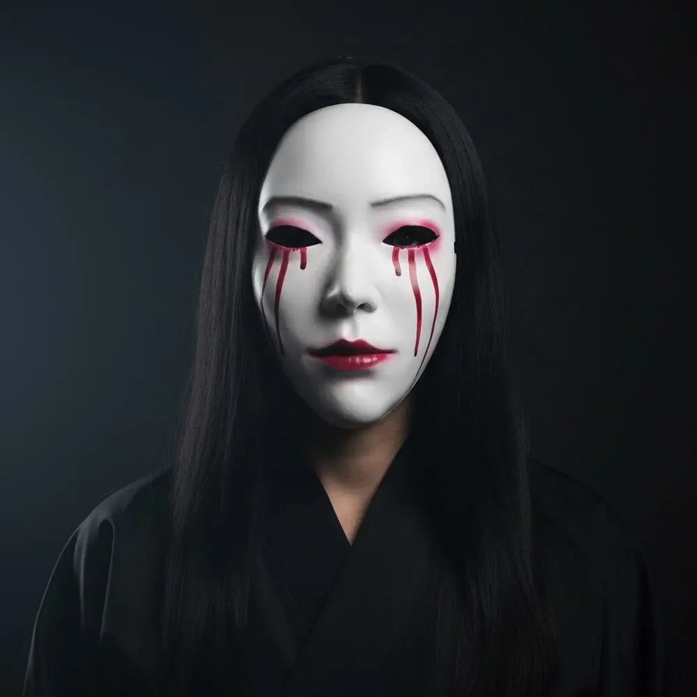 Horror Geisha Mask White Bloody Tears-Japanese Style-Halloween Cosplay Costume